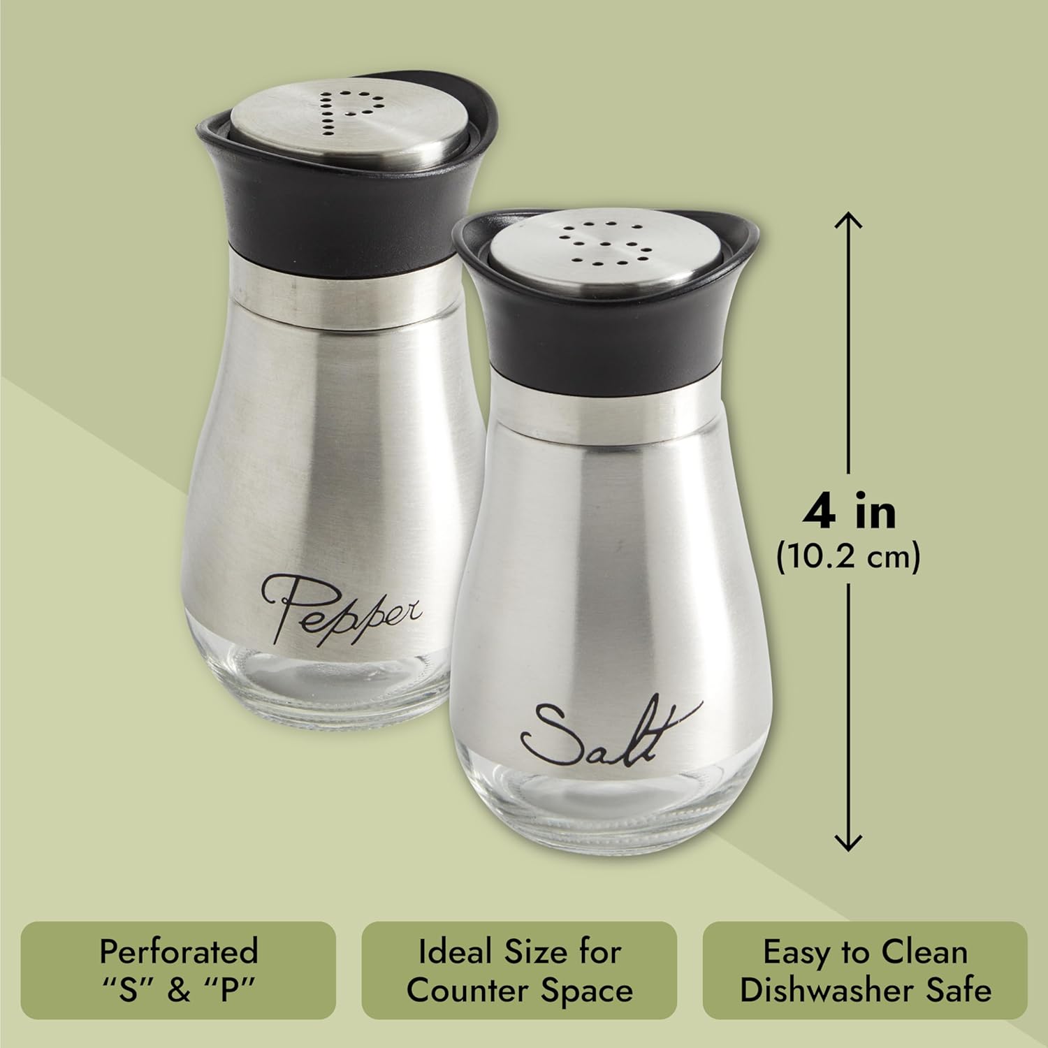 Juvale Stainless Steel Salt and Pepper Shakers Set with Holder, Refillable, Clear Glass Bottoms, Screw-Off Perforated S and P Caps for Kitchen Table Decor (4oz)